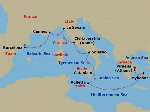 10 Night - Mediterranean : Barcelona to Athens - Scarlet Lady - Starting in Barcelona, Spain, Cannes, France, Tuscany / Cinque Terre (La Spezia), Italy, Rome (Civitavecchia), Italy, Amalfi Coast (Salerno), Italy, Catania, Sicily, Italy, Valletta, Malta, Mykonos, Greece, Athens (Piraeus), Greece itinerary map