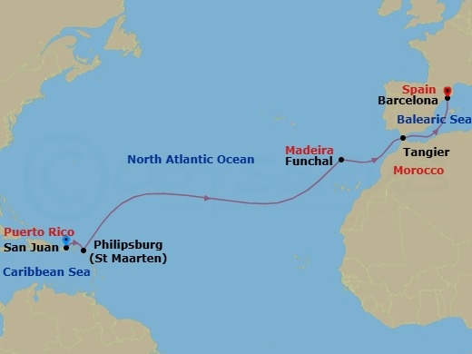 12 Night - San Juan to Spain Transatlantic - Scarlet Lady - Starting in San Juan, Puerto Rico, Philipsburg, Sint Maarten, Funchal, Madeira, Portugal, Tangier, Morocco, Barcelona, Spain itinerary map