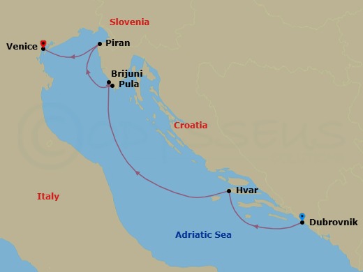 7 Night - The Adriatic Sea - with the Paris Opera Ballet - Le Dumont-d'Urville - Starting in Dubrovnik, Croatia, Hvar, The Brijuni Islands, Pula, Piran, Venice itinerary map