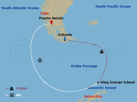 10 Night - Antarctica Direct : Sail and Fly the Drake Passage - National Geographic Explorer Tours - Starting in Ushuaia, Argentina, Ushuaia / Embark Ship, At Sea Crossing the Drake Passage, Antarctica, King George Island / Disembark Ship / Puerto Natales, Chile, Puerto Natales itinerary map