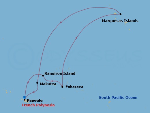 13 Night - French Polynesia's Marquesas Islands and Tuamotus - National Geographic Orion - Starting in Papeete, Tahiti, French Polynesia / Embark Ship, Rangiroa, Fakarava, Marquesas Islands, Makatea, Papeete / Disembark Ship itinerary map