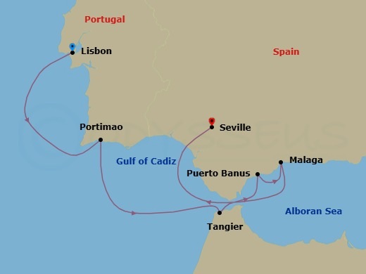 7 Night - Lisbon to Seville - World Voyager - Starting in Lisbon, Portimao, Tangier, Morocco, Puerto Banus (Marbella), Malaga (Granada), Spain, Seville itinerary map