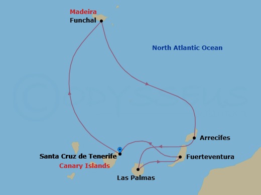 7 Night - Western Mediterranean from Santa Cruz (Tenerife) - Costa Smeralda - Starting in Santa Cruz de Tenerife, Funchal (Madeira), Arrecife (Lanzarote), Las Palmas (Gran Canaria), Port Rosario (Fuerteventura), Santa Cruz de Tenerife itinerary map