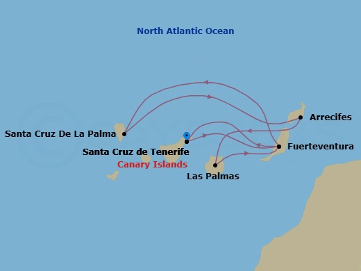 7 Night - Western Mediterranean from Santa Cruz (Tenerife) - Costa Smeralda - Starting in Santa Cruz de Tenerife, Port Rosario (Fuerteventura), Santa Cruz de La Palma, Arrecife (Lanzarote), Las Palmas (Gran Canaria), Port Rosario (Fuerteventura), Santa Cruz de Tenerife itinerary map