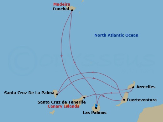 7 Night - Western Mediterranean from Las Palmas (Gran Canaria) - Costa Smeralda - Starting in Las Palmas (Gran Canaria), Funchal (Madeira), Santa Cruz de Tenerife, Port Rosario (Fuerteventura), Santa Cruz de La Palma, Arrecife (Lanzarote), Las Palmas (Gran Canaria) itinerary map