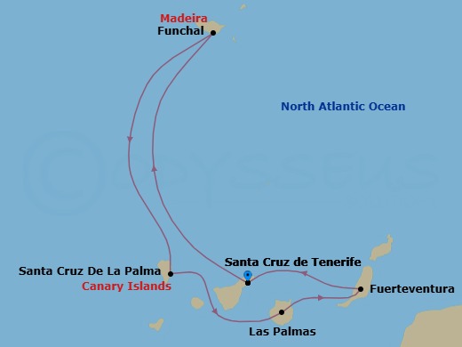 7 Night - Western Mediterranean from Santa Cruz (Tenerife) - Costa Smeralda - Starting in Santa Cruz de Tenerife, Funchal (Madeira), Santa Cruz de La Palma, Las Palmas (Gran Canaria), Port Rosario (Fuerteventura), Santa Cruz de Tenerife itinerary map
