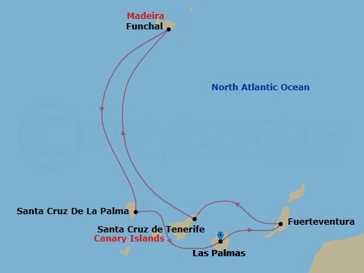 7 Night - Western Mediterranean from Las Palmas (Gran Canaria) - Costa Smeralda - Starting in Las Palmas (Gran Canaria), Port Rosario (Fuerteventura), Santa Cruz de Tenerife, Funchal (Madeira), Santa Cruz de La Palma, Las Palmas (Gran Canaria) itinerary map