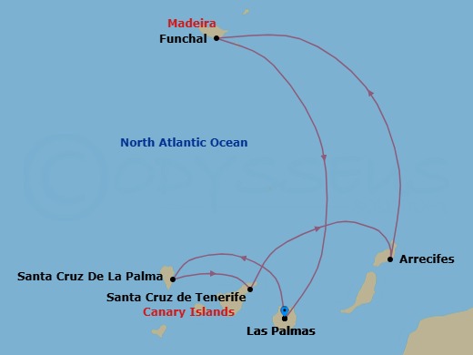 7 Night - Western Mediterranean from Las Palmas (Gran Canaria) - Costa Smeralda - Starting in Las Palmas (Gran Canaria), Santa Cruz de La Palma, Santa Cruz de Tenerife, Arrecife (Lanzarote), Funchal (Madeira), Las Palmas (Gran Canaria) itinerary map
