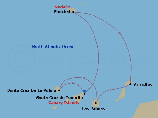 7 Night - Western Mediterranean from Santa Cruz (Tenerife) - Costa Smeralda - Starting in Santa Cruz de Tenerife, Funchal (Madeira), Arrecife (Lanzarote), Las Palmas (Gran Canaria), Santa Cruz de La Palma, Santa Cruz de Tenerife itinerary map