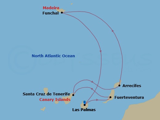 7 Night - Western Mediterranean from Las Palmas (Gran Canaria) - Costa Smeralda - Starting in Las Palmas (Gran Canaria), Port Rosario (Fuerteventura), Santa Cruz de Tenerife, Arrecife (Lanzarote), Funchal (Madeira), Las Palmas (Gran Canaria) itinerary map