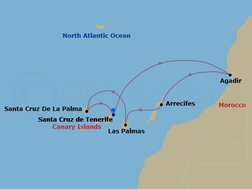 7 Night - Western Mediterranean from Santa Cruz (Tenerife) - Costa Smeralda - Starting in Santa Cruz de Tenerife, Agadir, Arrecife (Lanzarote), Las Palmas (Gran Canaria), Santa Cruz de La Palma, Santa Cruz de Tenerife itinerary map