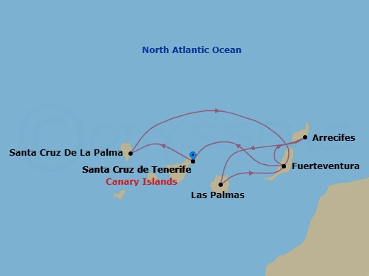 7 Night - Western Mediterranean from Santa Cruz (Tenerife) - Costa Smeralda - Starting in Santa Cruz de Tenerife, Santa Cruz de La Palma, Port Rosario (Fuerteventura), Arrecife (Lanzarote), Las Palmas (Gran Canaria), Port Rosario (Fuerteventura), Santa Cruz de Tenerife itinerary map