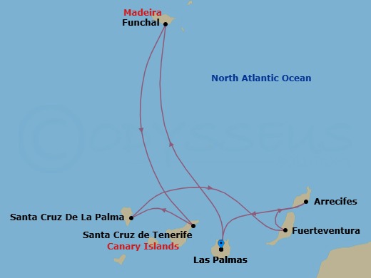 7 Night - Western Mediterranean from Las Palmas (Gran Canaria) - Costa Smeralda - Starting in Las Palmas (Gran Canaria), Funchal (Madeira), Santa Cruz de Tenerife, Santa Cruz de La Palma, Port Rosario (Fuerteventura), Arrecife (Lanzarote), Las Palmas (Gran Canaria) itinerary map