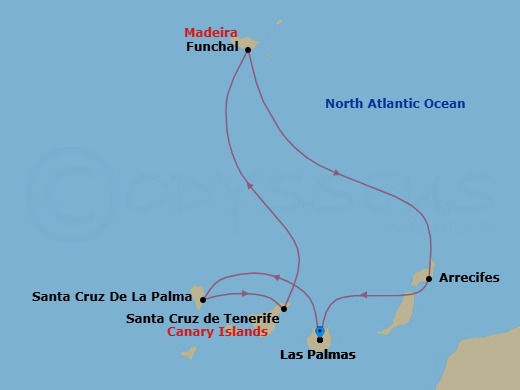 7 Night - Western Mediterranean from Las Palmas (Gran Canaria) - Costa Smeralda - Starting in Las Palmas (Gran Canaria), Santa Cruz de La Palma, Santa Cruz de Tenerife, Funchal (Madeira), Arrecife (Lanzarote), Las Palmas (Gran Canaria) itinerary map