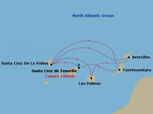 7 Night - Western Mediterranean from Santa Cruz (Tenerife) - Costa Smeralda - Starting in Santa Cruz de Tenerife, Port Rosario (Fuerteventura), Santa Cruz de La Palma, Arrecife (Lanzarote), Las Palmas (Gran Canaria), Santa Cruz de La Palma, Santa Cruz de Tenerife itinerary map