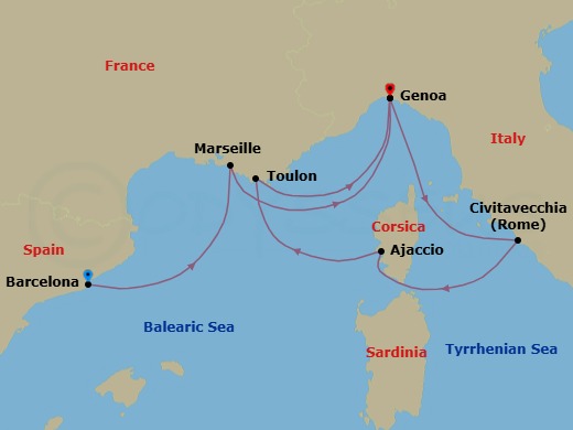 6 Night - Cruise from Barcelona to Genoa - Costa Fascinosa - Starting in Barcelona, Marseille, Genoa (Portofino), Civitavecchia (Rome), Ajaccio (Corsica), La Seyne (St Tropez), Genoa (Portofino) itinerary map