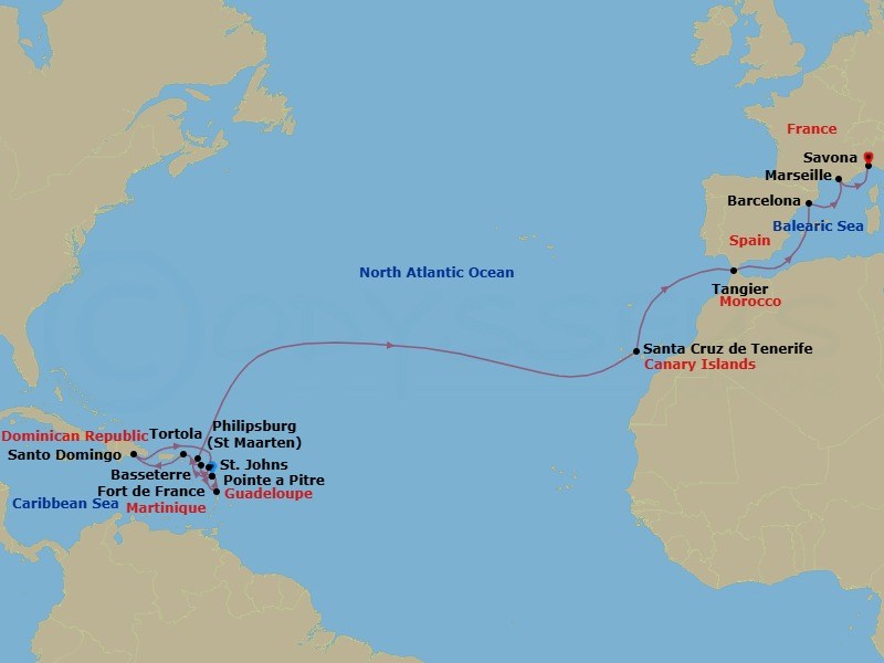 21 Night - Europe from Pointe a Pitre to Savona - Costa Serena - Starting in Pointe-a-Pitre, Basseterre, Saint Kitts, Road Harbour (Tortola), Santo Domingo, St Johns AG, Antigua, Fort-de-France, Pointe-a-Pitre, Philipsburg, Santa Cruz de Tenerife, Tangier, Barcelona, Marseille, Savona itinerary map