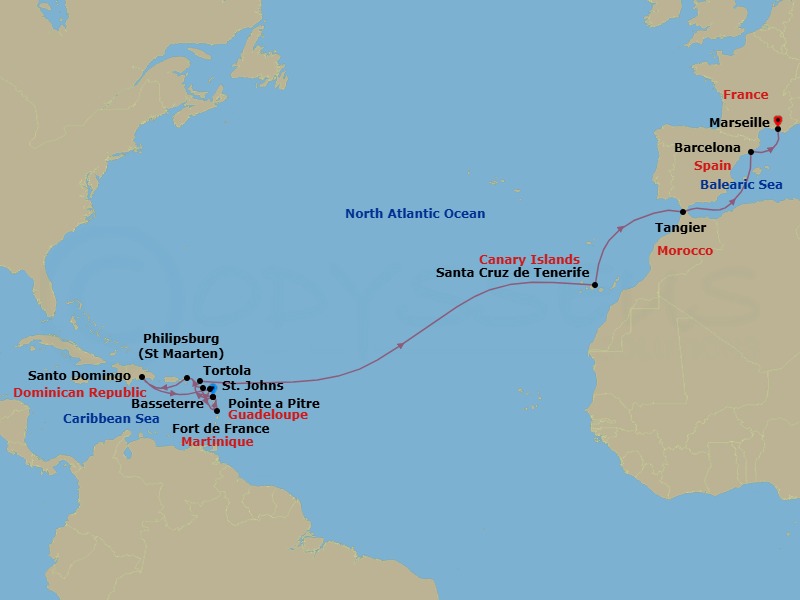 20 Night - Europe from Pointe a Pitre to Marseille - Costa Serena - Starting in Pointe-a-Pitre, Basseterre, Saint Kitts, Road Harbour (Tortola), Santo Domingo, St Johns AG, Antigua, Fort-de-France, Pointe-a-Pitre, Philipsburg, Santa Cruz de Tenerife, Tangier, Barcelona, Marseille itinerary map