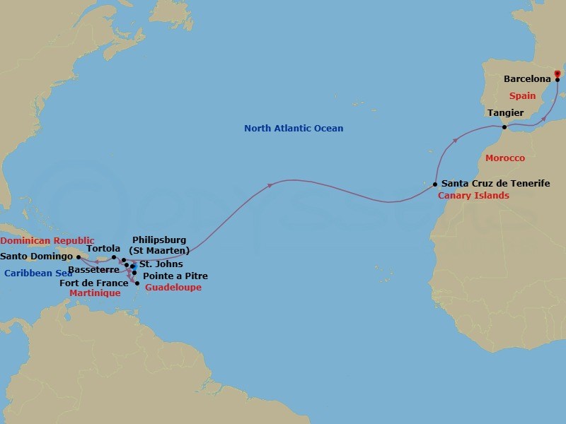 19 Night - Europe from Pointe a Pitre to Barcelona - Costa Serena - Starting in Pointe-a-Pitre, Basseterre, Saint Kitts, Road Harbour (Tortola), Santo Domingo, St Johns AG, Antigua, Fort-de-France, Pointe-a-Pitre, Philipsburg, Santa Cruz de Tenerife, Tangier, Barcelona itinerary map