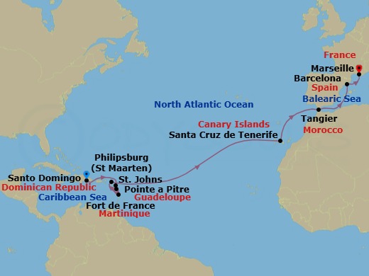 17 Night - Cruise from Santo Domingo to Marseille - Costa Serena - Starting in Santo Domingo, St Johns AG, Antigua, Fort-de-France, Pointe-a-Pitre, Philipsburg, Santa Cruz de Tenerife, Tangier, Barcelona, Marseille itinerary map