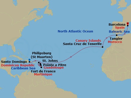 16 Night - Cruise from Santo Domingo to Barcelona - Costa Serena - Starting in Santo Domingo, St Johns AG, Antigua, Fort-de-France, Pointe-a-Pitre, Philipsburg, Santa Cruz de Tenerife, Tangier, Barcelona itinerary map