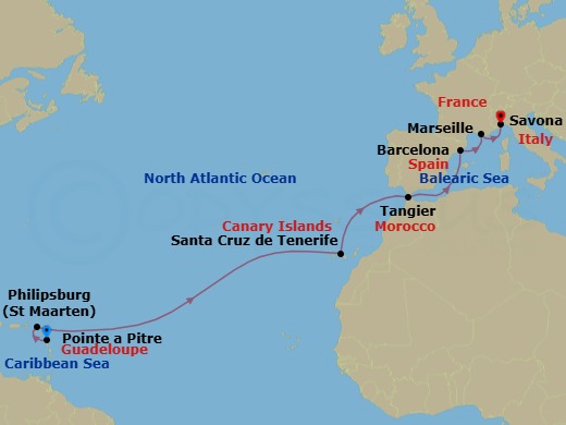 14 Night - Europe from Pointe a Pitre to Savona - Costa Serena - Starting in Pointe-a-Pitre, Philipsburg, Santa Cruz de Tenerife, Tangier, Barcelona, Marseille, Savona itinerary map
