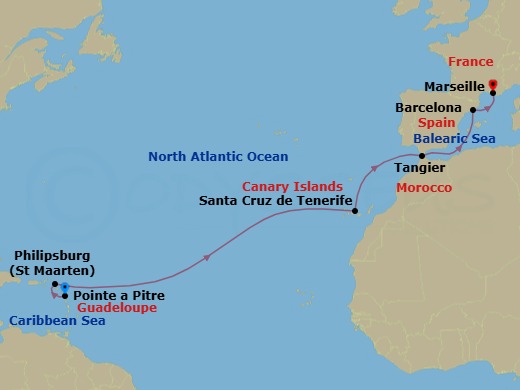 13 Night - Europe from Pointe a Pitre to Marseille - Costa Serena - Starting in Pointe-a-Pitre, Philipsburg, Santa Cruz de Tenerife, Tangier, Barcelona, Marseille itinerary map