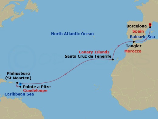 12 Night - Europe from Pointe a Pitre to Barcelona - Costa Serena - Starting in Pointe-a-Pitre, Philipsburg, Santa Cruz de Tenerife, Tangier, Barcelona itinerary map