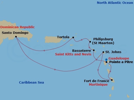 8 Night - Cruise Roundtrip from Pointe a Pitre - Costa Serena - Starting in Pointe-a-Pitre, Basseterre, Saint Kitts, Philipsburg, Road Harbour (Tortola), Santo Domingo, St Johns AG, Antigua, Fort-de-France, Pointe-a-Pitre itinerary map