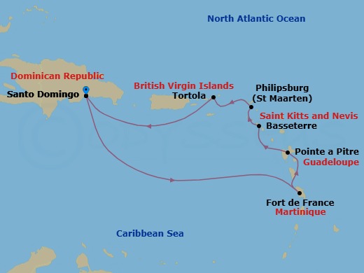 7 Night - Caribbean Roundtrip from Santo Domingo - Costa Serena - Starting in Santo Domingo, Fort-de-France, Pointe-a-Pitre, Basseterre, Saint Kitts, Philipsburg, Road Harbour (Tortola), Santo Domingo itinerary map