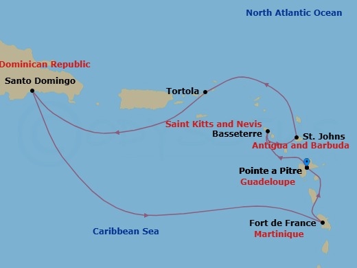 7 Night - Cruise Roundtrip from Pointe a Pitre - Costa Serena - Starting in Pointe-a-Pitre, Basseterre, Saint Kitts, St Johns AG, Antigua, Road Harbour (Tortola), Santo Domingo, Fort-de-France, Pointe-a-Pitre itinerary map