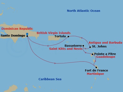 7 Night - Caribbean Roundtrip from Santo Domingo - Costa Serena - Starting in Santo Domingo, Fort-de-France, Pointe-a-Pitre, Basseterre, Saint Kitts, St Johns AG, Antigua, Road Harbour (Tortola), Santo Domingo itinerary map