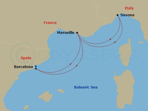 4 Night - Southern Europe Roundtrip from Barcelona - Costa Favolosa - Starting in Barcelona, Marseille, Savona, Marseille, Barcelona itinerary map