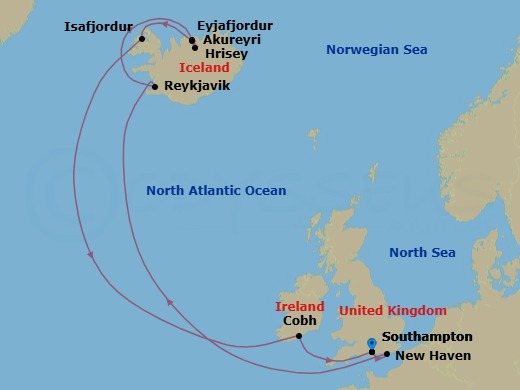 14 Night - Iceland and British Isles - Queen Victoria - Starting in Southampton, England, UK, Newhaven (for Edinburgh), Scotland, UK, Reykjavik, Iceland, Akureyri, Iceland, Eyjafjordur, Iceland (Scenic Cruising), Hrisey, Iceland (Sail by), Isafjordur, Iceland, Cobh (tours to Cork), Ireland, Southampton, England, UK itinerary map