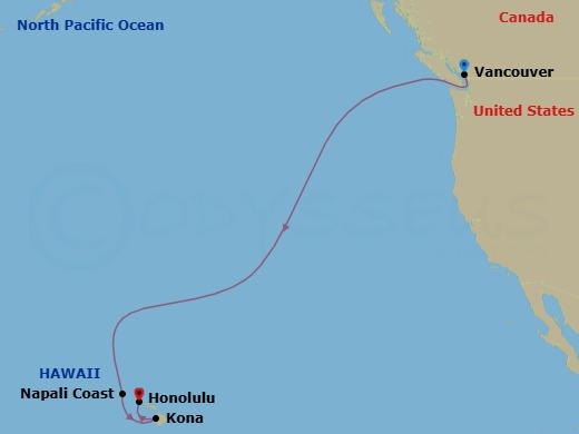 10 Night - Hawaii Cruise - Anthem of the Seas - Starting in Vancouver, British Columbia, Napali Coast (Cruising), Kailua Kona, Hawaii, Honolulu, Oahu, Hawaii itinerary map