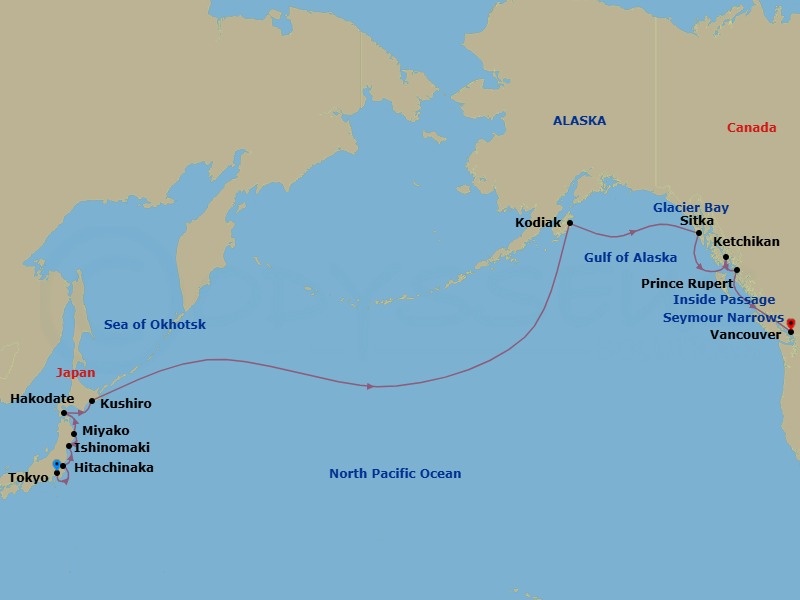 21 Night - Japan, Alaska & Pacific Crossing - Seabourn Encore - Starting in Tokyo, Japan, Hitachinaka, Japan, Ishinomaki, Japan, Miyako, Japan, Hakodate, Japan, Kushiro, Japan, Cross International Dateline, Kodiak, Alaska, Glacier Bay, Sitka, Alaska, Ketchikan, Alaska, Prince Rupert, British Columbia, Canada, Inside Passage, Transit the Seymour Narrows, Vancouver, BC, CA itinerary map