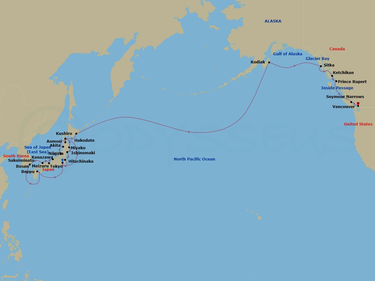 35 Night - Japan's Cherry Blossoms & Pacific Passage - Seabourn Encore - Starting in Tokyo, Japan, Beppu, Japan, Scenic Cruising Kanmon Straits, Busan (Pusan), South Korea, Sakaiminato, Japan, Maizuru, Japan, Kanazawa, Japan, Niigata, Japan, Akita, Japan, Aomori, Japan, Hakodate, Japan, Tokyo, Japan, Hitachinaka, Japan, Ishinomaki, Japan, Miyako, Japan, Hakodate, Japan, Kushiro, Japan, Cross International Dateline, Kodiak, Alaska, Glacier Bay, Sitka, Alaska, Ketchikan, Alaska, Prince Rupert, British Columbia, Canada, Inside Passage, Transit the Seymour Narrows, Vancouver, BC, CA itinerary map