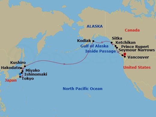 21 Night - Cherry Blossoms, Pacific Passage & Glacier Bay - Seabourn Encore - Starting in Tokyo, Japan, Ishinomaki, Japan, Miyako, Japan, Hakodate, Japan, Kushiro, Japan, Cross International Dateline, Kodiak, Alaska, Glacier Bay, Sitka, Alaska, Ketchikan, Alaska, Prince Rupert, British Columbia, Canada, Inside Passage, Transit the Seymour Narrows, Vancouver, BC, CA itinerary map