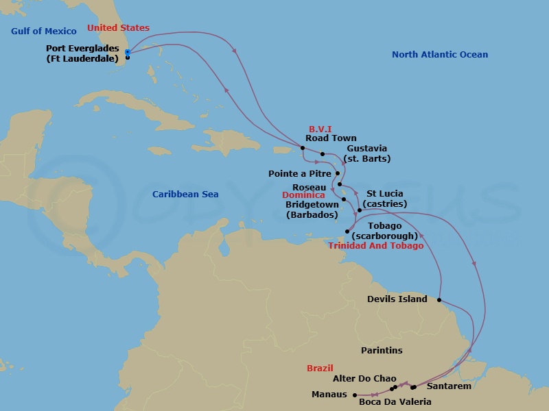 25 Night - South America - Crystal Serenity - Starting in Fort Lauderdale, Road Town, Pointe-a-Pitre, French West Indies, Castries, St Lucia, Scarborough, Cruising the Amazon River, Santarem, Boca Da Valeria, Manaus / Amazon, Parintins, Alter Do Chao, Cruising the Amazon River, Iles du Salut (Devils Island), Bridgetown, Roseau, Gustavia, St Barthelemy, Fort Lauderdale itinerary map