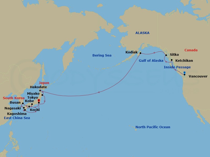 26 Night - Alaska from Vancouver to Tokyo - Silver Moon - Starting in Vancouver, Inside Passage, Ketchikan, Sitka, Kodiak Island, Date Line lose a day, Hakodate, Miyako, Tokyo, Kagoshima, Nagasaki, Busan, Kochi, Kobe itinerary map