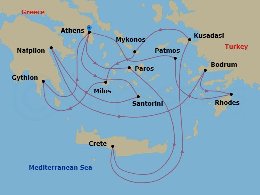 14 Night - Southern Europe Roundtrip from Athens - Silver Nova - Starting in Athens, Paros, Souda Bay, Kusadasi, Mykonos, Milos, Gythion, Athens, Santorini, Nafplion, Bodrum, Rhodes, Patmos, Athens itinerary map