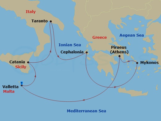 7 Night - Mediterranean Roundtrip from Valletta - Costa Fascinosa - Starting in La Valletta, Malta, Sicily Strait Darkest Spot, Catania (Sicily), Etna skyline, Taranto, Argostoli / Cephalonia, Greece, Mykonos, Greece, Mykonos bay, Piraeus / Athens, Greece, La Valletta, Malta itinerary map