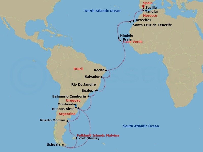36 Night - Falklands, South America, Cana - Tour N19 - Seabourn Venture Tours - Starting in Buenos Aires, Argentina, Ushuaia, Argentina, The Falkland Islands, Port Stanley, Falkland Islands, The Falkland Islands, Puerto Madryn, Argentina, Montevideo, Uruguay, Camboriu, Brazil, Rio De Janeiro, Brazil, Armacao dos Buzios, Brazil, Salvador da Bahia, Brazil, Recife, Brazil, Praia, Ilha de Santiago, Cape Verde, Mindelo, Cape Verde, Santa Cruz de Tenerife, Arrecife, Lanzarote, Canary Islands, Spain, Tangier, Morocco, Seville, Spain itinerary map