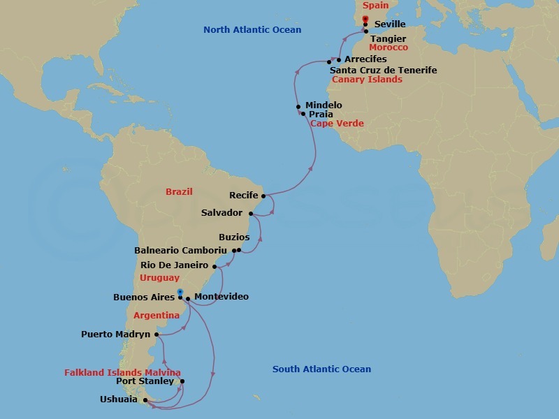 56 Night - Scotia Arc, Canary Islands & S - Tour N16 - Seabourn Venture Tours - Starting in Buenos Aires, Argentina, Ushuaia, Argentina, Antarctica, South Georgia, Port Stanley, Falkland Islands, The Falkland Islands, Ushuaia, Argentina, The Falkland Islands, Port Stanley, Falkland Islands, The Falkland Islands, Puerto Madryn, Argentina, Montevideo, Uruguay, Camboriu, Brazil, Rio De Janeiro, Brazil, Armacao dos Buzios, Brazil, Salvador da Bahia, Brazil, Recife, Brazil, Praia, Ilha de Santiago, Cape Verde, Mindelo, Cape Verde, Santa Cruz de Tenerife, Arrecife, Lanzarote, Canary Islands, Spain, Tangier, Morocco, Seville, Spain itinerary map