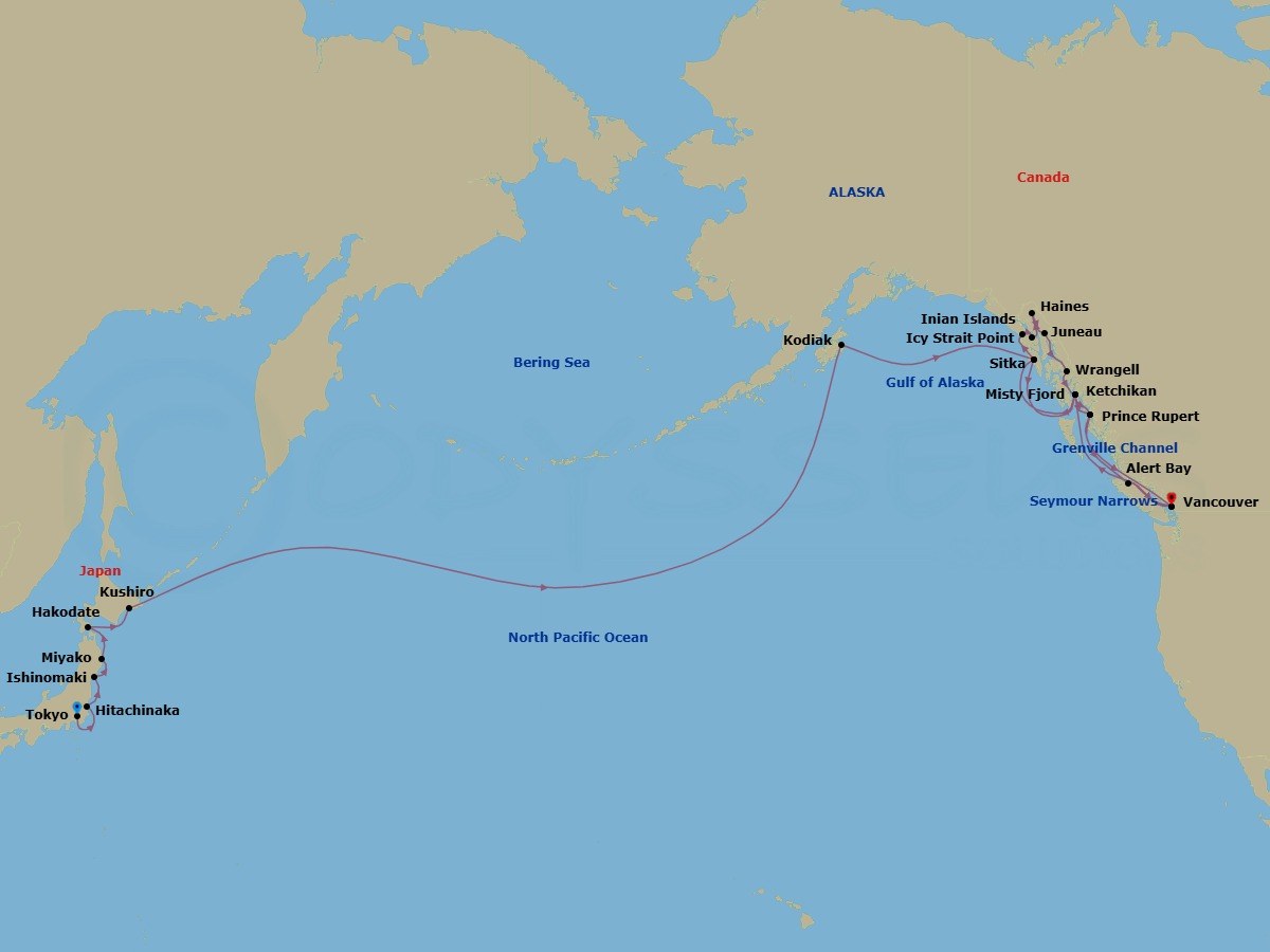 35 Night - Japan, Alaska, Glacier Bay & Pacific Crossing - Seabourn Encore - Starting in Tokyo, Japan, Hitachinaka, Japan, Ishinomaki, Japan, Miyako, Japan, Hakodate, Japan, Kushiro, Japan, Cross International Dateline, Kodiak, Alaska, Glacier Bay, Sitka, Alaska, Ketchikan, Alaska, Prince Rupert, British Columbia, Canada, Inside Passage, Transit the Seymour Narrows, Vancouver, BC, CA, Transit the Seymour Narrows, Cruising the Queen Charlotte Sound, Ketchikan, Alaska, Transit Snow Pass, Transit Decision Passage, Sitka, Alaska, Glacier Bay, Inian Islands, Alaska, Icy Strait Point, Alaska, Haines, Alaska, Cruising Lynn Canal, Juneau, Alaska, Glacier Bay, Cruising Chatham Strait, Transit Decision Passage, Wrangell, Alaska, Cruising Stikine Strait, Cruising Behm Canal, Rudyerd Bay (Misty Fjords), Scenic cruising Misty Fjords, Prince Rupert, British Columbia, Canada, Scenic cruising Grenville Channel, Scenic cruising Whale Channel, Scenic cruising Princess Royal Channel, Alert Bay, British Columbia, Canada, Scenic cruising Johnstone Strait, Transit the Seymour Narrows, Vancouver, BC, CA itinerary map