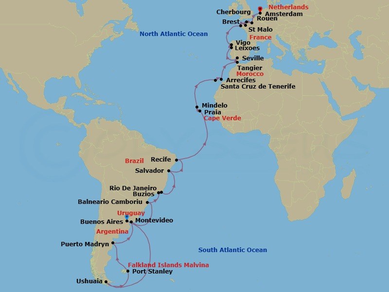 46 Night - Falkland Islands to France - Tour N20 - Seabourn Venture Tours - Starting in Buenos Aires, Argentina, Ushuaia, Argentina, The Falkland Islands, Port Stanley, Falkland Islands, The Falkland Islands, Puerto Madryn, Argentina, Montevideo, Uruguay, Camboriu, Brazil, Rio De Janeiro, Brazil, Armacao dos Buzios, Brazil, Salvador da Bahia, Brazil, Recife, Brazil, Praia, Ilha de Santiago, Cape Verde, Mindelo, Cape Verde, Santa Cruz de Tenerife, Arrecife, Lanzarote, Canary Islands, Spain, Tangier, Morocco, Seville, Spain, Leixoes (Porto), Portugal, Vigo, Spain, Brest, France, St Malo (Le Mont Saint Michel), France, Cherbourg (Normandy), France, Rouen (Paris), France, Scenic Cruising Seine River, Amsterdam, the Netherlands itinerary map