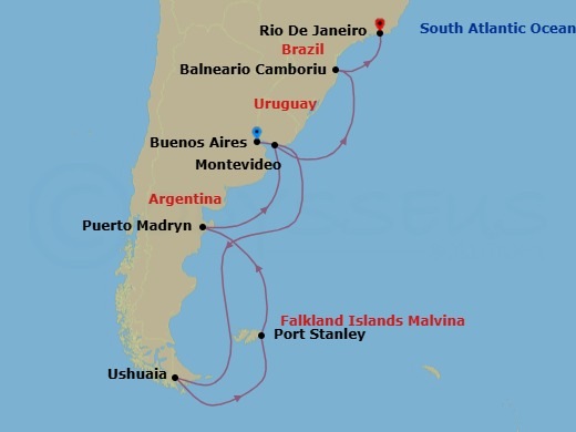 15 Night - Wild Falkland Islands & South - Tour N18 - Seabourn Venture Tours - Starting in Buenos Aires, Argentina, Ushuaia, Argentina, The Falkland Islands, Port Stanley, Falkland Islands, The Falkland Islands, Puerto Madryn, Argentina, Montevideo, Uruguay, Camboriu, Brazil, Rio De Janeiro, Brazil itinerary map