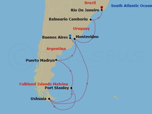 35 Night - Epic Antarctica, Falklands & S - Tour N15 - Seabourn Venture Tours - Starting in Buenos Aires, Argentina, Ushuaia, Argentina, Antarctica, South Georgia, Port Stanley, Falkland Islands, The Falkland Islands, Ushuaia, Argentina, The Falkland Islands, Port Stanley, Falkland Islands, The Falkland Islands, Puerto Madryn, Argentina, Montevideo, Uruguay, Camboriu, Brazil, Rio De Janeiro, Brazil itinerary map