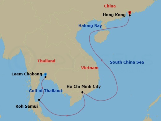11 Night - Bangkok (Laem Chabang) / Hong Kong - Luminara - Starting in Bangkok (Laem Chabang), Koh Samui, Ho Chi Minh City, Halong Bay, Hong Kong itinerary map