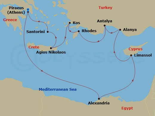 11 Night - Egypt, Turkey & Greece Cruise : Alexandria, Rhodes & Athens - Azamara Onward - Starting in Athens (Piraeus), Alexandria EG (Cairo), Egypt, Limassol, Alanya, Antalya, Rhodes, Kos, Agios Nikolaos, (Crete), Santorini, Athens (Piraeus) itinerary map